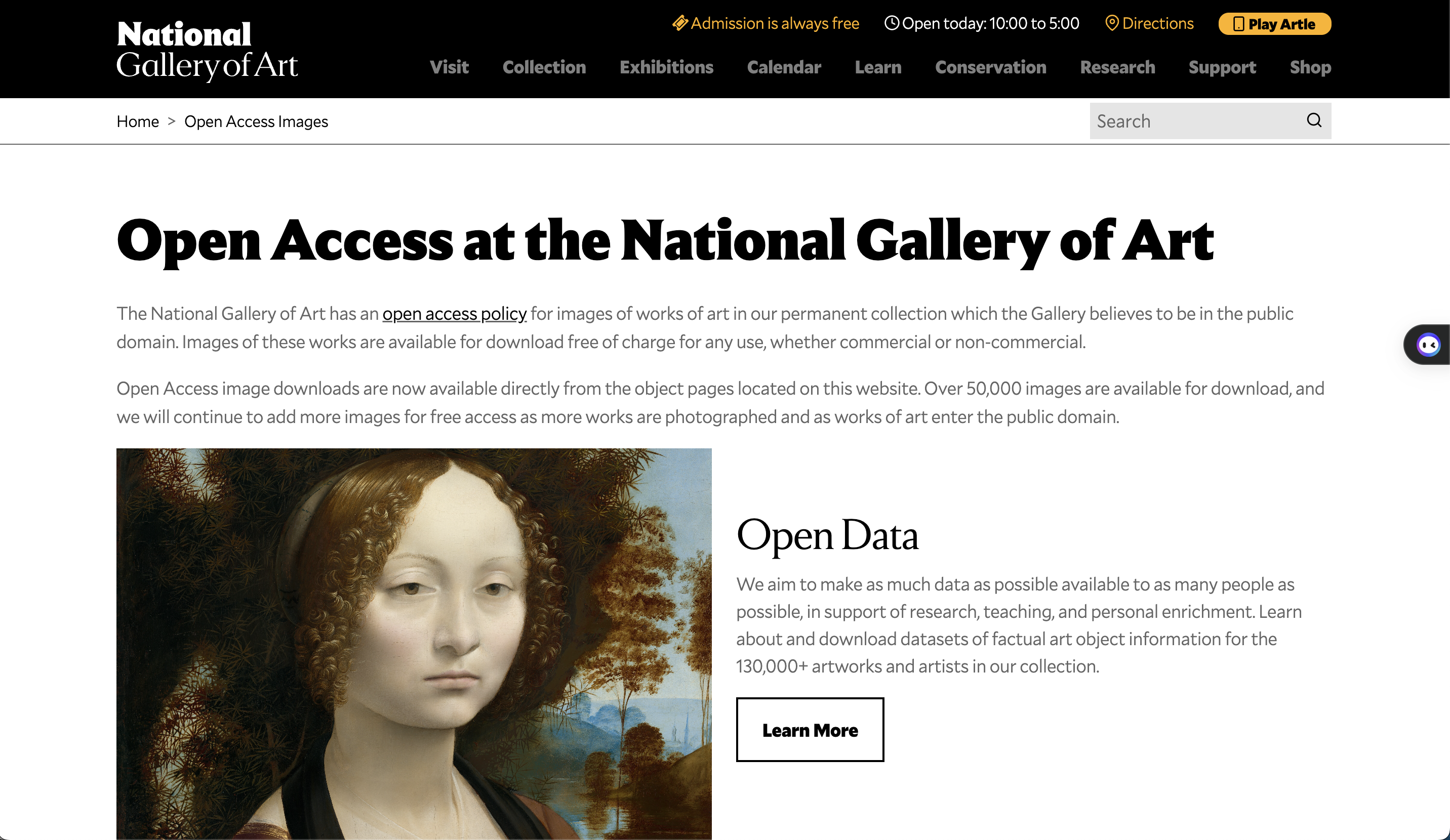 Screenshot of National Gallery of Art Site